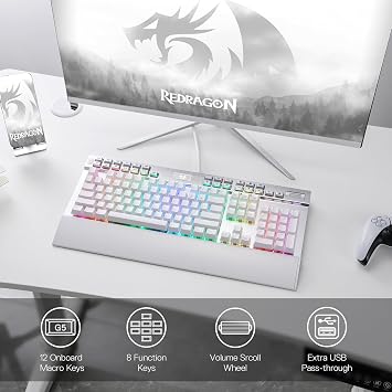 Redragon K550 RGB Gaming Keyboard, 104 Keys + 12 Macro G Keys Wired Mechanical Keyboard w/Hot-Swap Socket, Custom Clicky Purple Switch, Extra USB Port & Wrist Rest