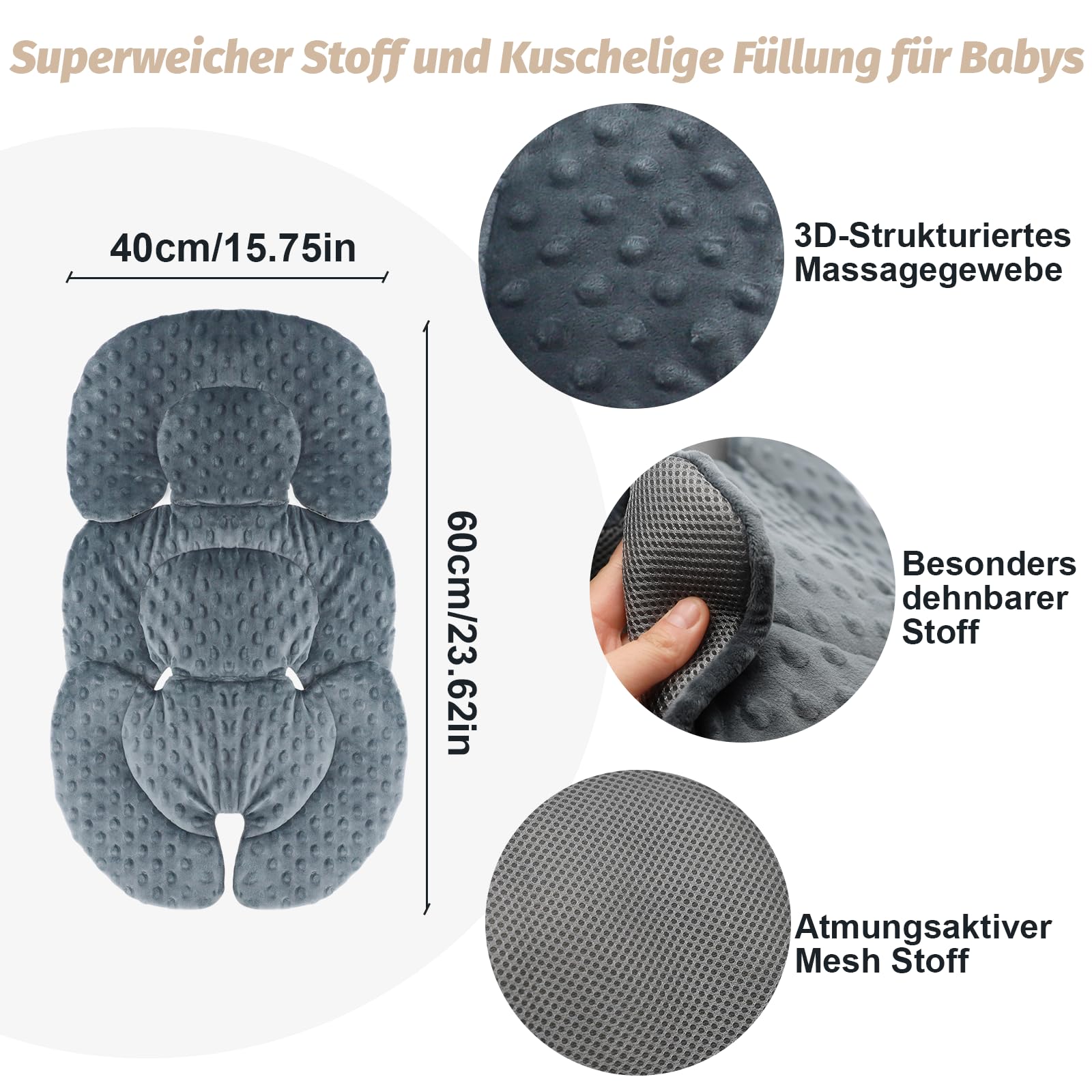Coussin de siège auto pour bébé - Soutien de la tête et du corps pour nouveau-né - Coussin réversible 2 en 1 - Coussin de poussette doux - Pour sièges auto, landaus, poussettes et balançoires - Gris