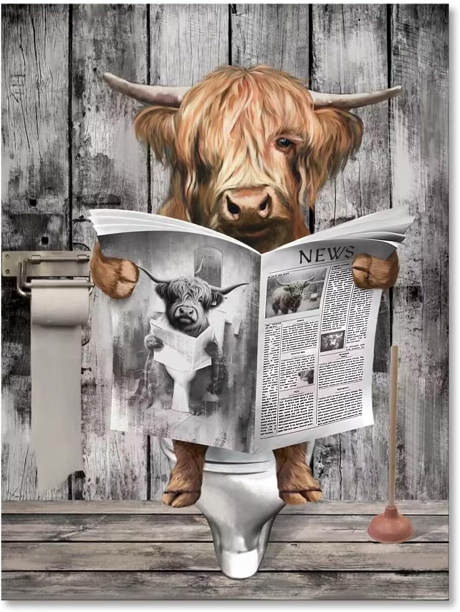 Animal Bathroom Wall Decor Highland Cow Canvas Art Bull Black and White Artwork for Walls Farmhouse Bathroom Picture Sitting in Toilet Reading Newspaper Painting Restroom Decoration
