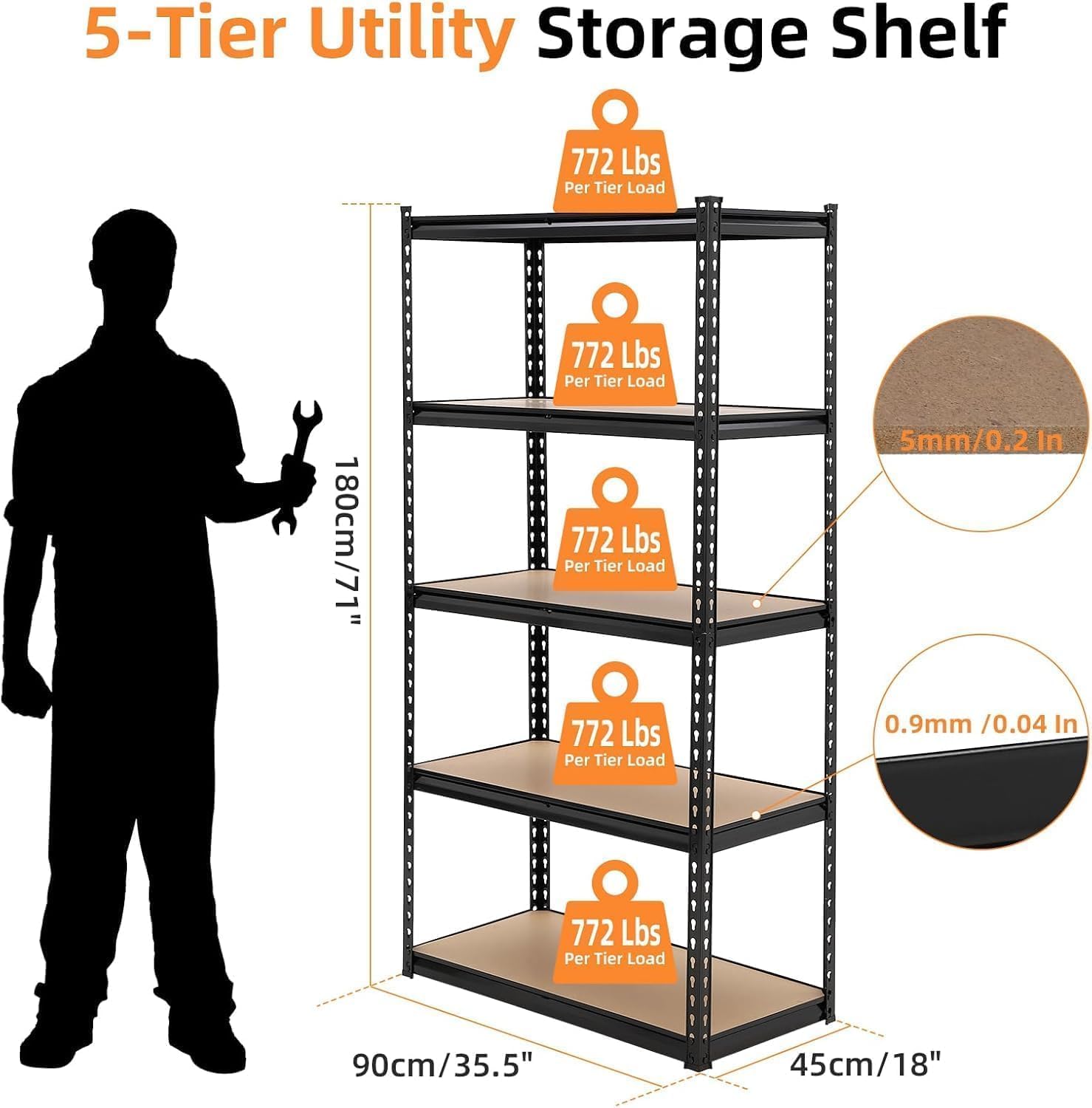 5-Tier Heavy Duty Garage Shelving, 3860 Lbs Capacity, Adjustable Height 72" Metal Utility Shelves, Industrial Storage Shelf for Garage, Home, Warehouse - Black