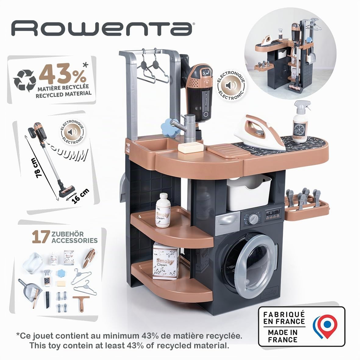 Smoby - Rowenta Haushalts-Set Waschküche - Spielwäscheraum mit Waschmaschine, Bügelbrett, Staubsauger & Zubehör - Haushaltsspiel-Set ab 3 Jahren, mit Recyclingmaterial