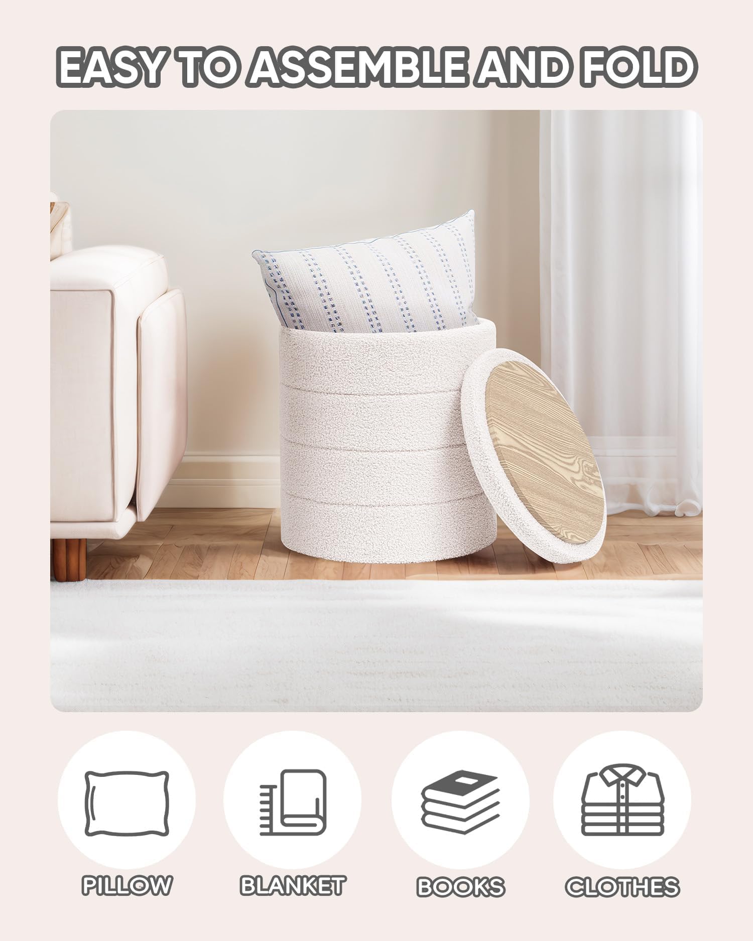 PINPLUS Sgabello Pouf Contenitore, Cassapanca Rotondo Ottomano con Contenitore, Pieghevole Poggiapiedi in Teddy 37x37x45 cm, per Soggiorno, Camera da Letto e Corridoio, Bianco