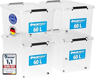 ATHLON TOOLS 4er Set 60l Aufbewahrungsboxen mit Deckel - BPA-freie & lebensmittelechte Aufbewahrungsbox mit Verschlussclips - 100% Neumaterial - Plastikbox transparent - Stapelbare Kunstoff Box