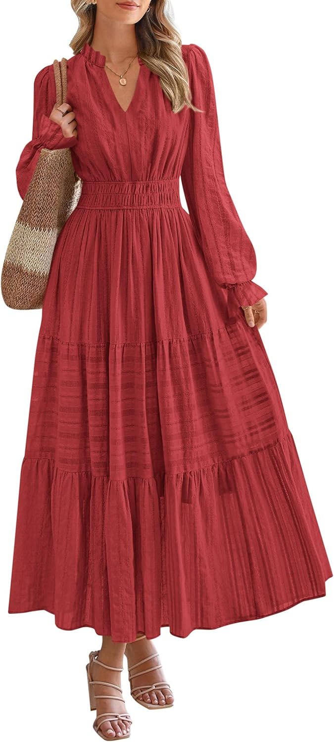 PRETTYGARDEN Women's 2026 Fall Wedding Guest Dresses Long Sleeve V Neck Flowy Elegant Holiday Party Maxi Dress with Pockets