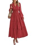 Women's 2026 Fall Wedding Guest Dresses Long Sleeve V Neck Flowy Elegant Holiday Party Maxi Dress with Pockets