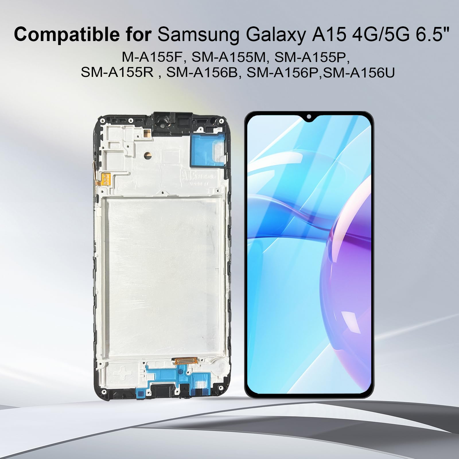Dinow - Pantalla para Samsung Galaxy A15 4G / 5G, pantalla de repuesto para Samsung A15 LCD táctil SM-A155F SM-A155M SM-A156B SM-A156P SM-A156U digitalizador con marco (con herramienta de reparación)