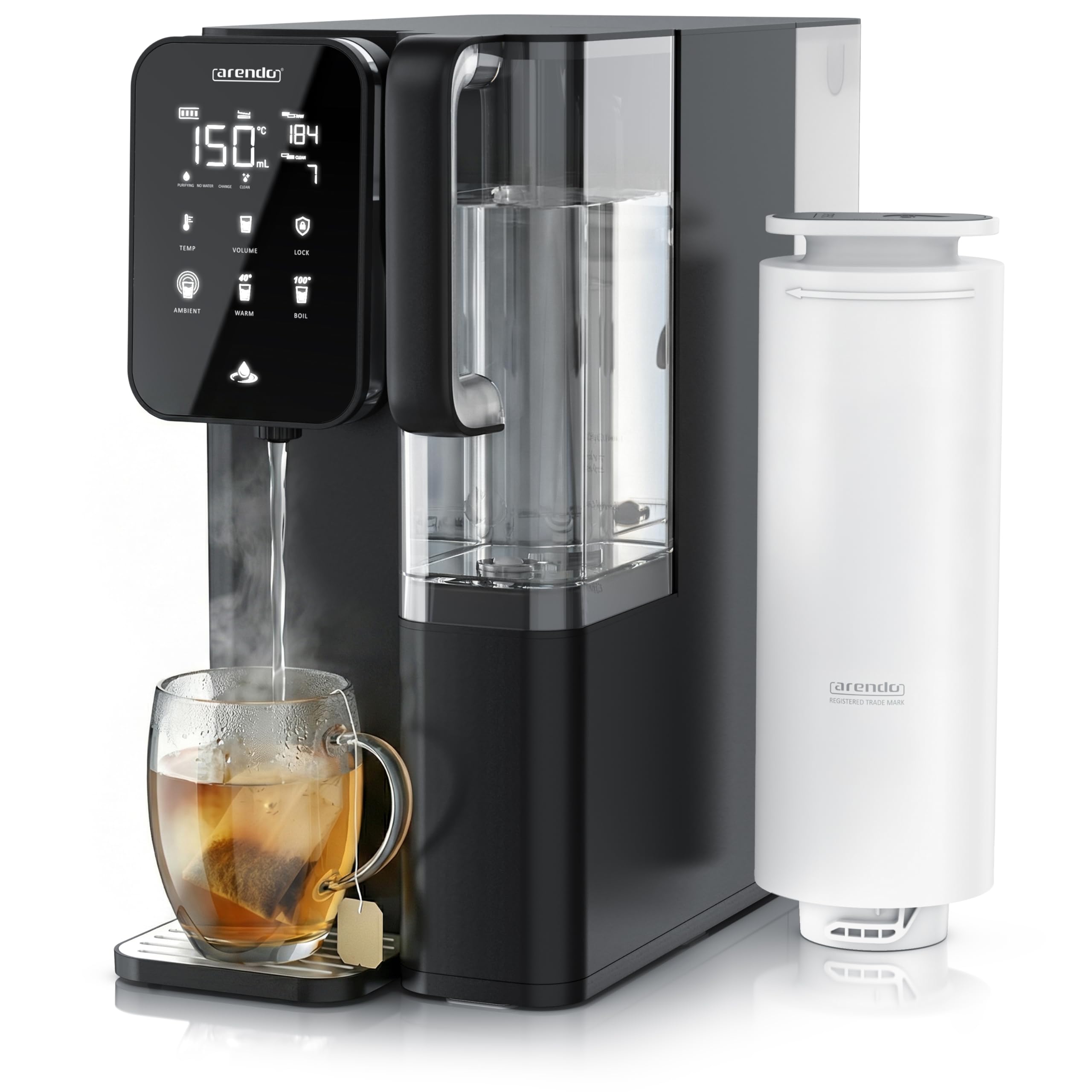 Arendo Osmoseanlage Auftisch mit Heißwasserspender 40–100 °C – Umkehrosmoseanlage ohne Installation, Trinkwasserfilter 7-stufig (5+2), TDS-Anzeige, 5 l Tank, Touchdisplay – Wasserspender