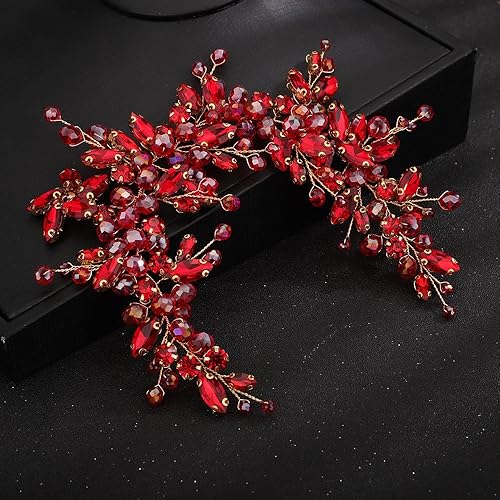 Miniatura 3 de Teyglen Diadema de cristal para el cabello de boda, con cuentas de diamantes de imitación rojos, hecha a mano, rojo, rosa, azul, negro, flores,
