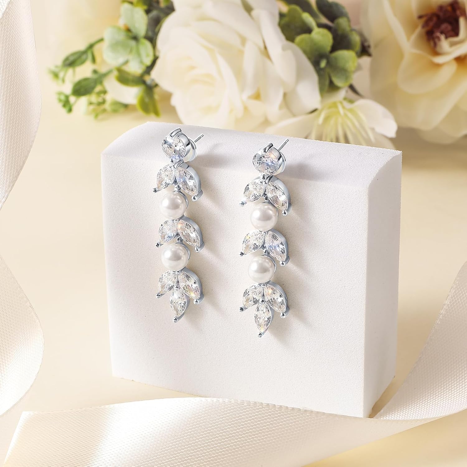 S925 Silver Pearl Dangle Drop Earrings Stud Earrings for Brides, 14K Gold Plated Bridal Jewelry with 5A Cubic Zirconia for Wedding Hypoallergenic - Image 3