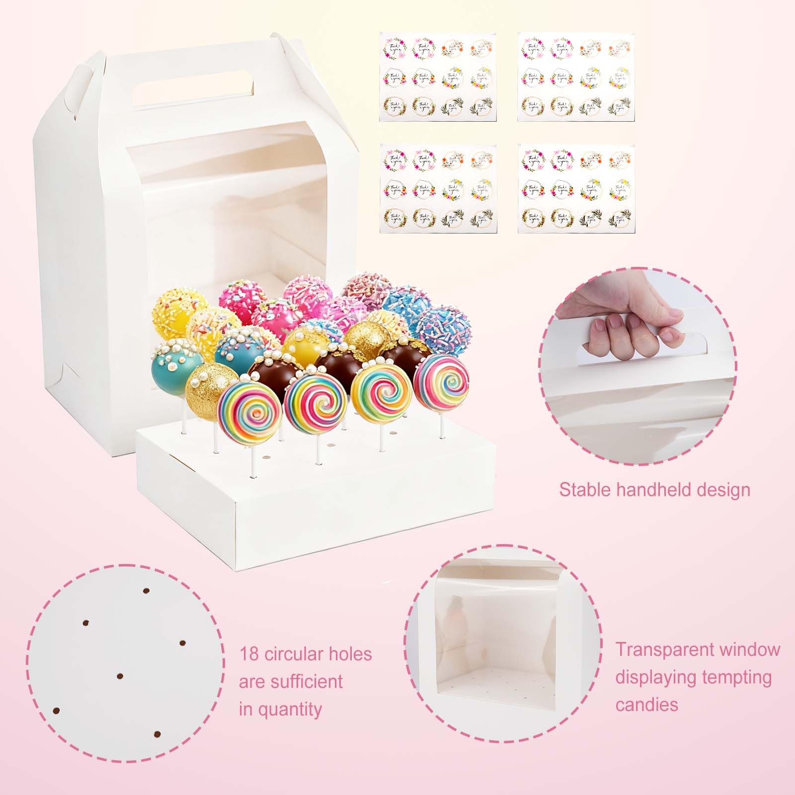 12 tragbare Cake-Pop-Halter-Boxen, 4 Aufkleber, Cake-Pop-Halter mit transparentem Fenster und 18 Löchern, Lutscher-Display-Ständer und Deckelgriff für Geburtstage, Hochzeiten, Partys