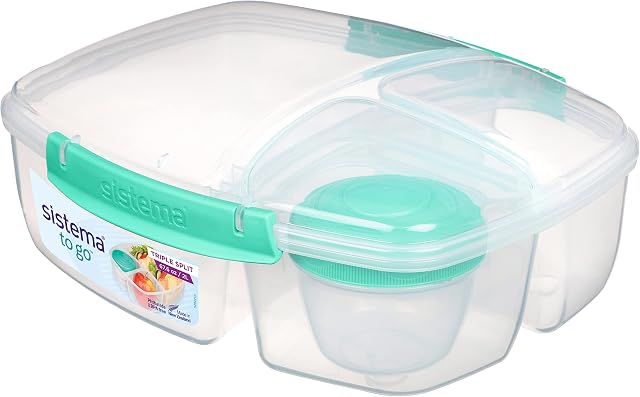Sistema To Go Triple Split Lunch Box with Yoghurt Pot | 2L Air-Tight and Stackable Food Storage Container | BPA-Free | Assorted Colours