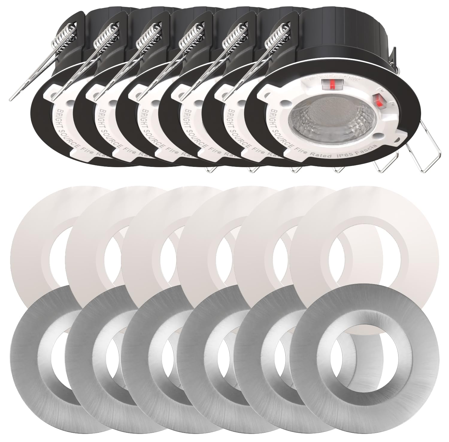Bright Source All in One Switchable Wattage 6W/8W Integrated LED Downlight, White & Brushed Steel Bezel Bundle, TRIAC Dimmable, Adjustable Colour 2700K 3000K 4000K 6000K, IP65, Fire Rated, 6 Pack