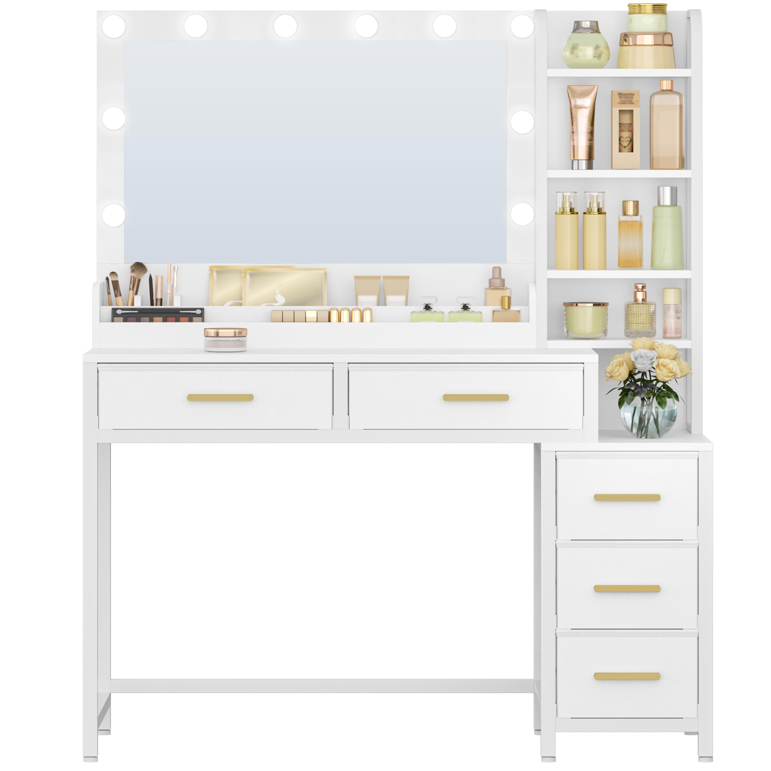HEXCELEN 110 cm Dressing Table with Large Mirror, Vanity Desk with LED Lights, 3 Light Colors, Adjustable Brightness, Makeup Desk, 5 Drawers, Open Compartments, White, Modern