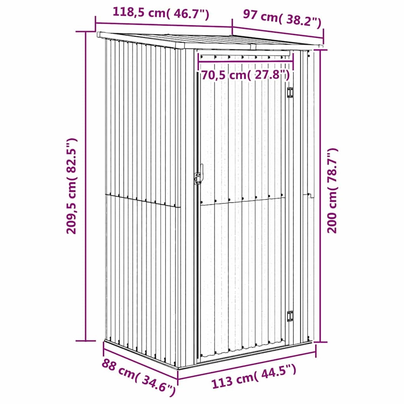 Caseta de jardín verde 118,5 x 97 x 209,5 cm de acero galvanizado con puerta con cerradura y techo inclinado, cobertizo para herramientas, jardín y almacenamiento exterior