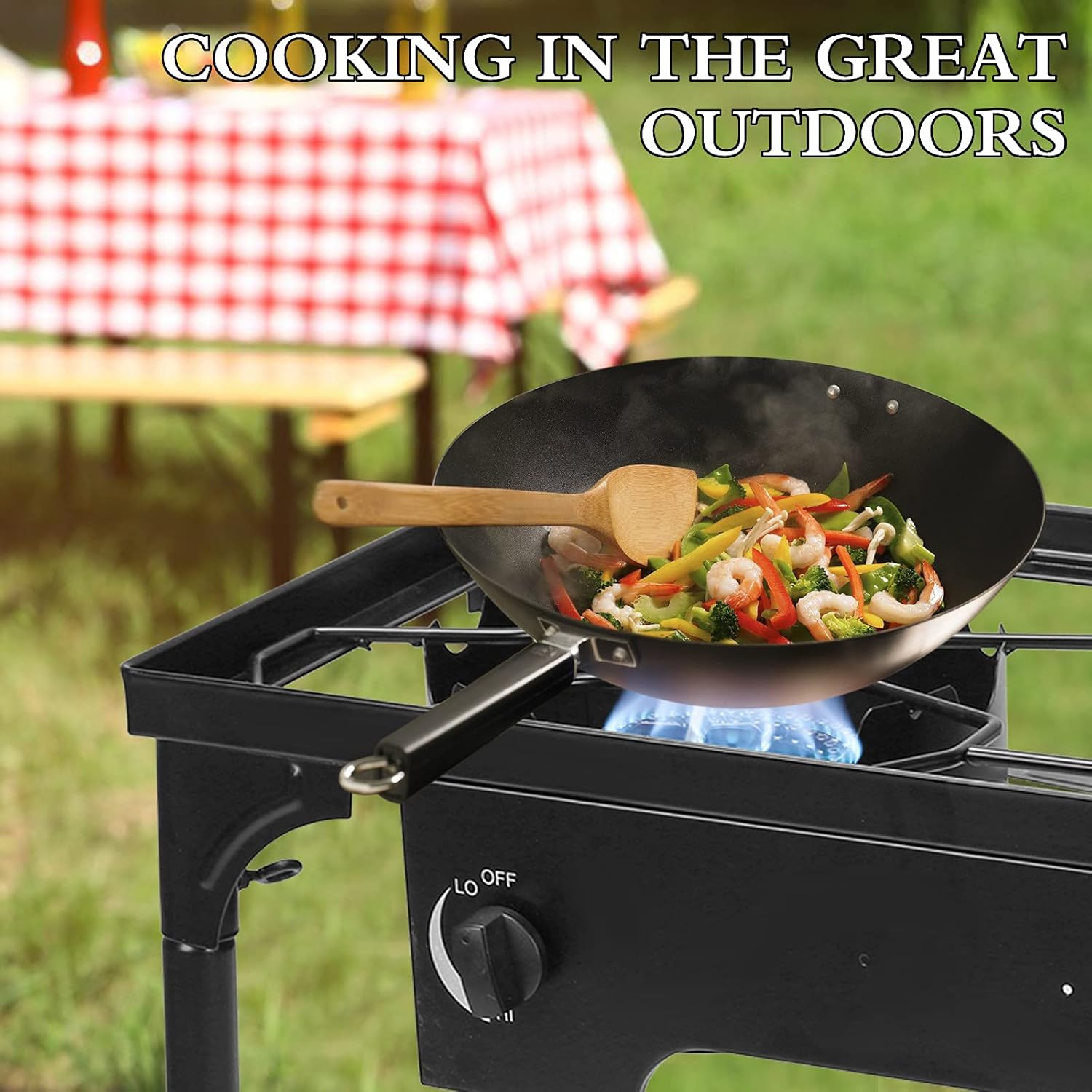 Double Burner Two Burner Outdoor Camp Stove With Removable Legs, Regulator & Storage Carry Case, Temperature Control Knobs for Cooking, Home Brewing, Making Sauce (Black)