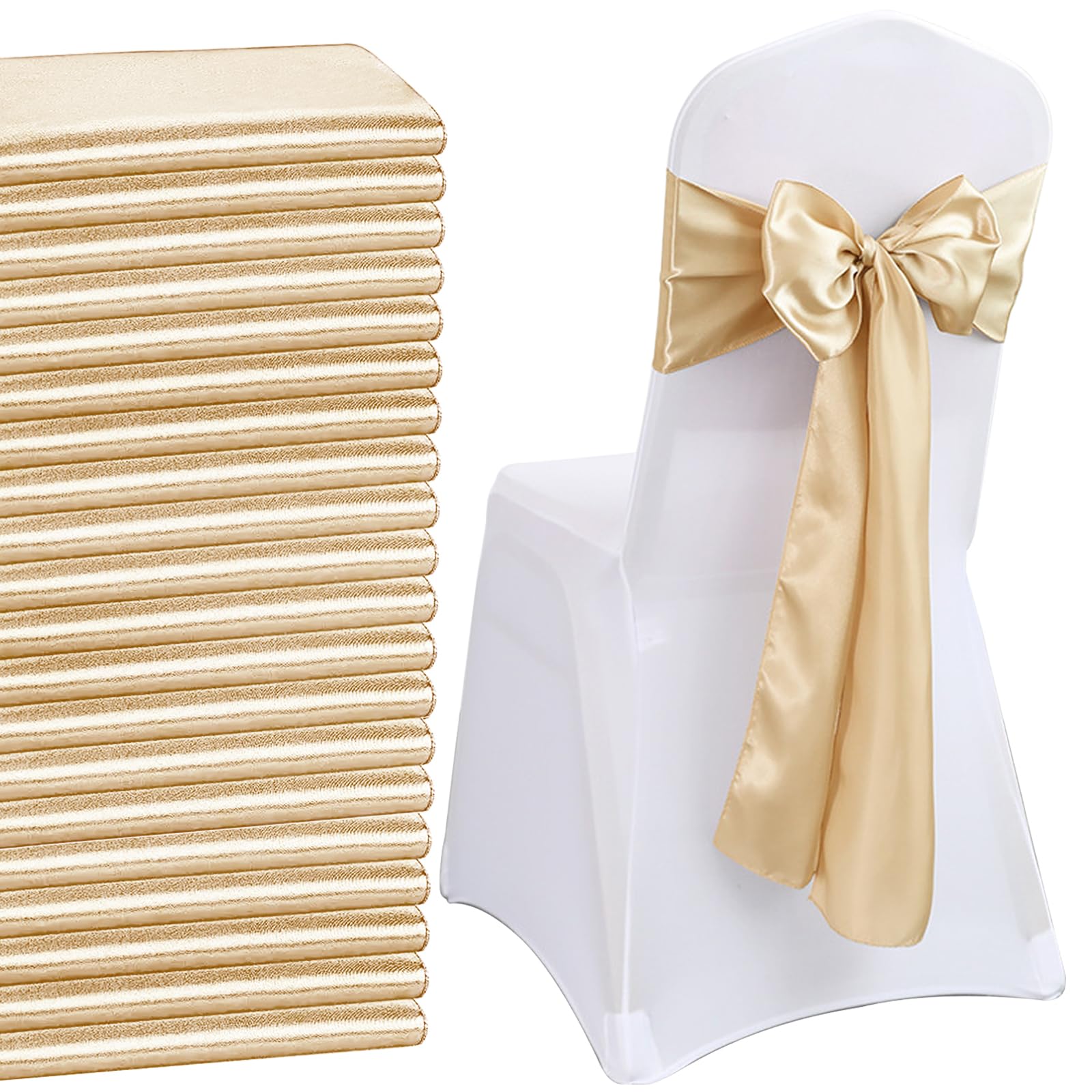 Paquete de 50 Bandas de Satén para Decoración de Fiestas, Lazo en la Espalda, Pajarita de Satén Suave para Sillas de Bodas, para Marcos Arco Decoración Boda Banquete Fiesta (Beige)