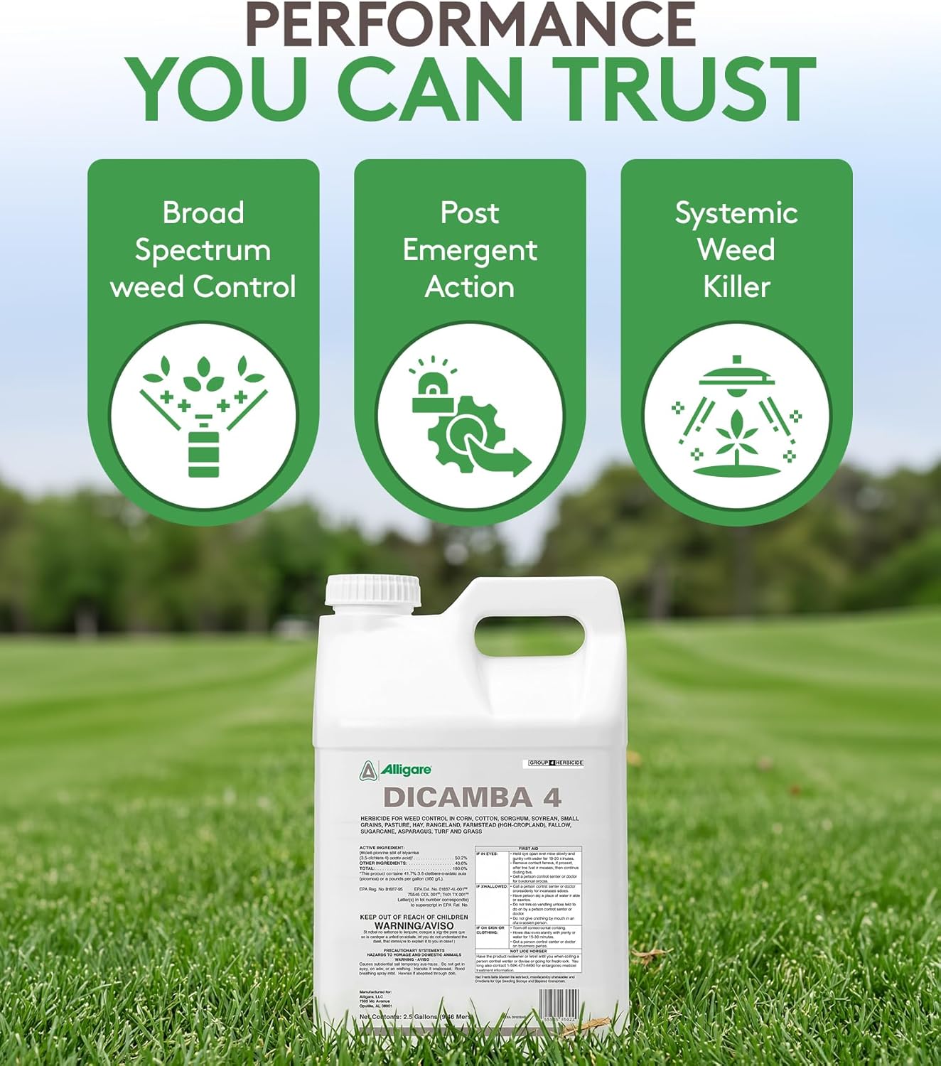 Alligare Dicamba 4 for Corn, Soybean, Cotton, Sugarcane, Turf & More - Powerful Weed Control - Water-Soluble Dicamba Herbicide, Effective on Broadleaf Weeds - Ground & Aerial Application - 2.5 Gallons