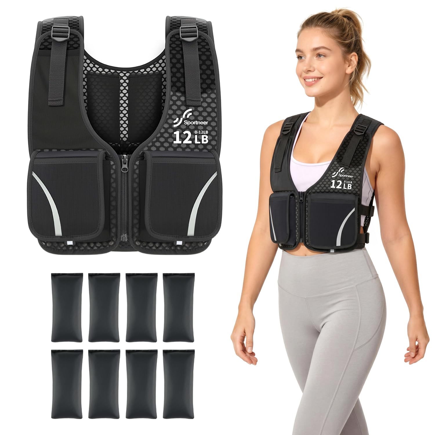 Sportneer 0–5,4 kg Verstellbare Gewichtsweste für Walking, Schwarz | Leichte Gewichtsweste für Damen mit Handytasche und Flaschenhalter, bequeme Weste zum Gehen, Joggen und Krafttraining