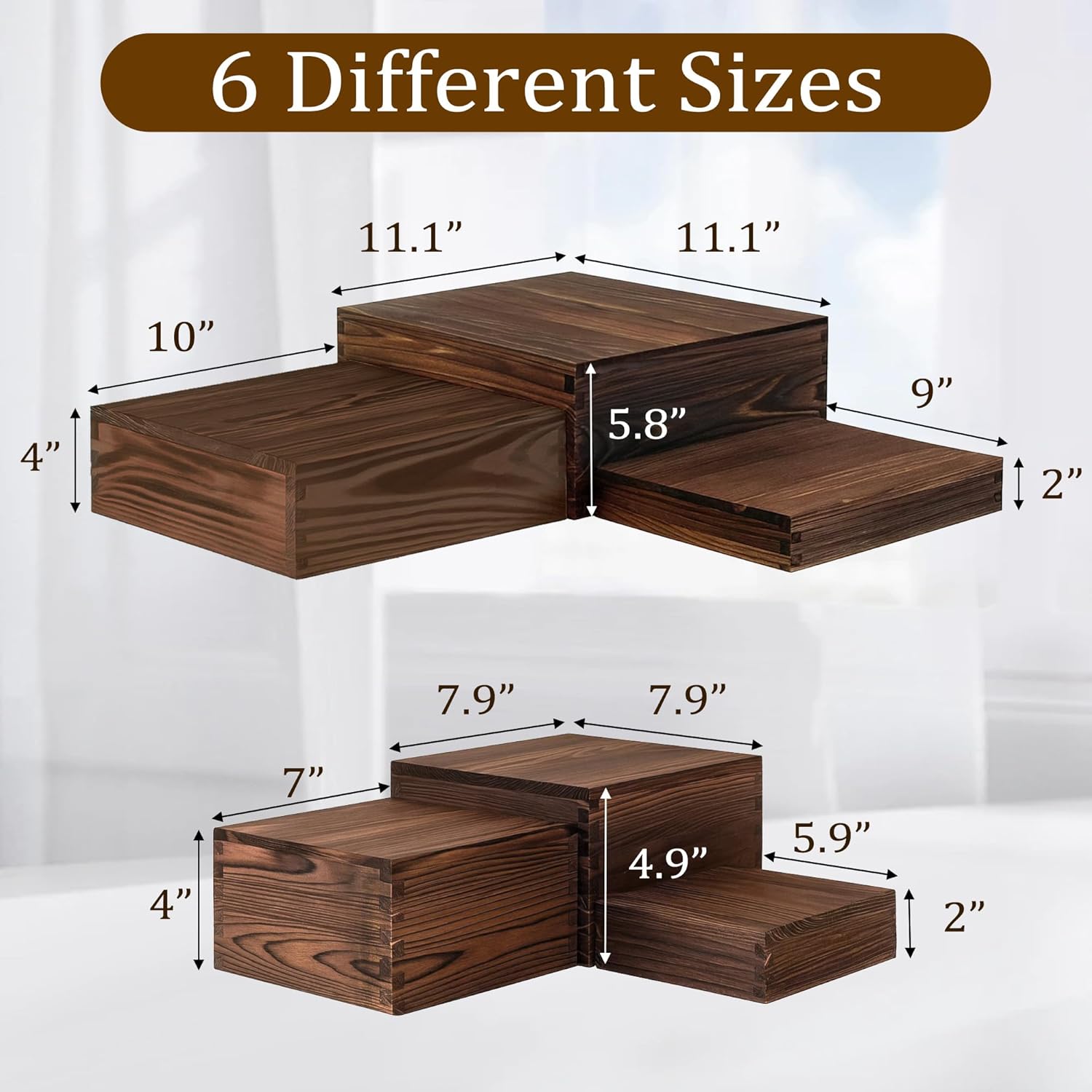 6-Pack Wood Risers Display Stands, Multi-Height Food Risers for Buffet Table, Rustic Wooden Cake & Cupcake Stands for Party, Birthday, Wedding, Halloween Decor