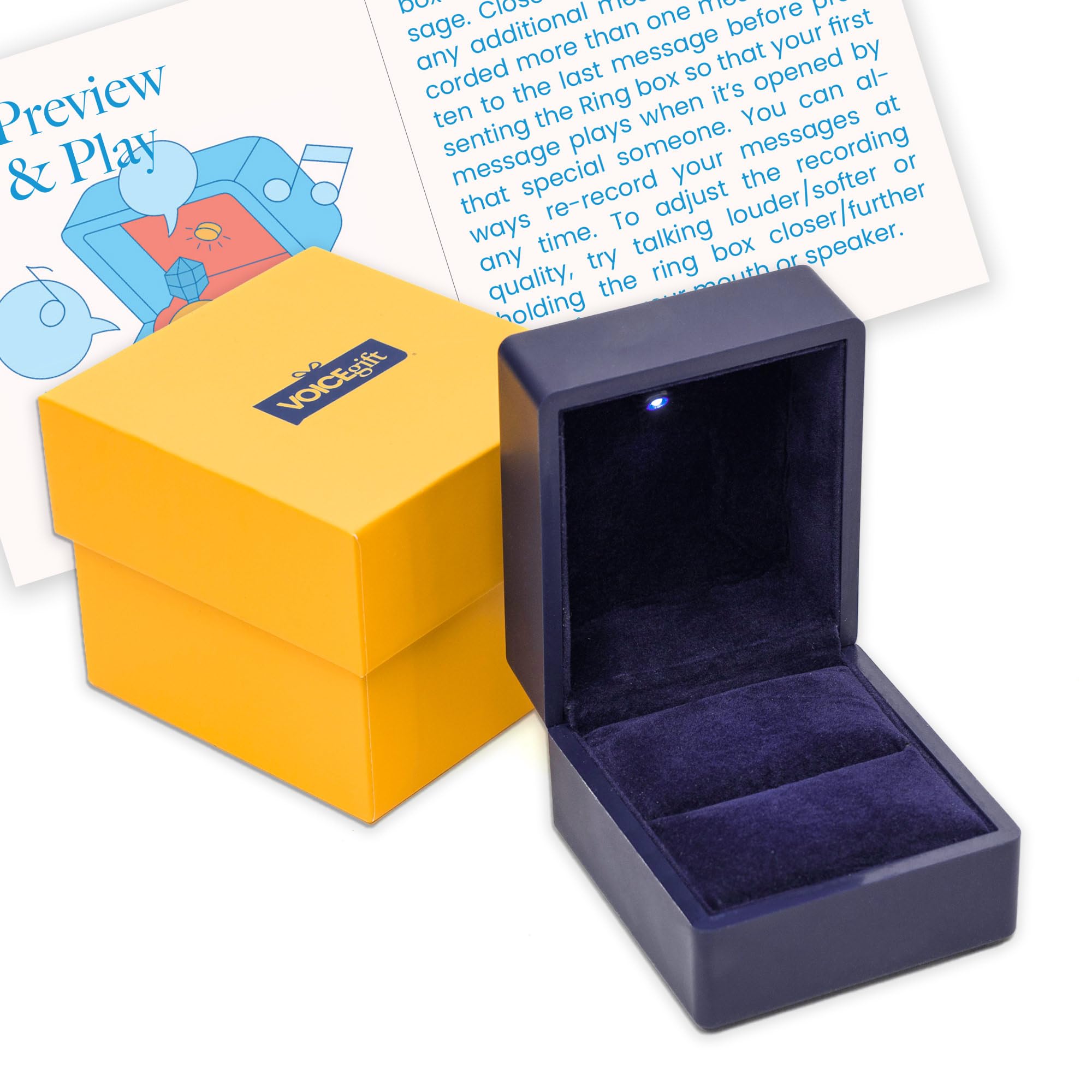 VOICEGIFT Voice Recordable Ring Box with LED - 3" X 3" 60 Seconds Audio Recording Ring Box for Anniversary, Weddings and Celebration | Midnight Blue
