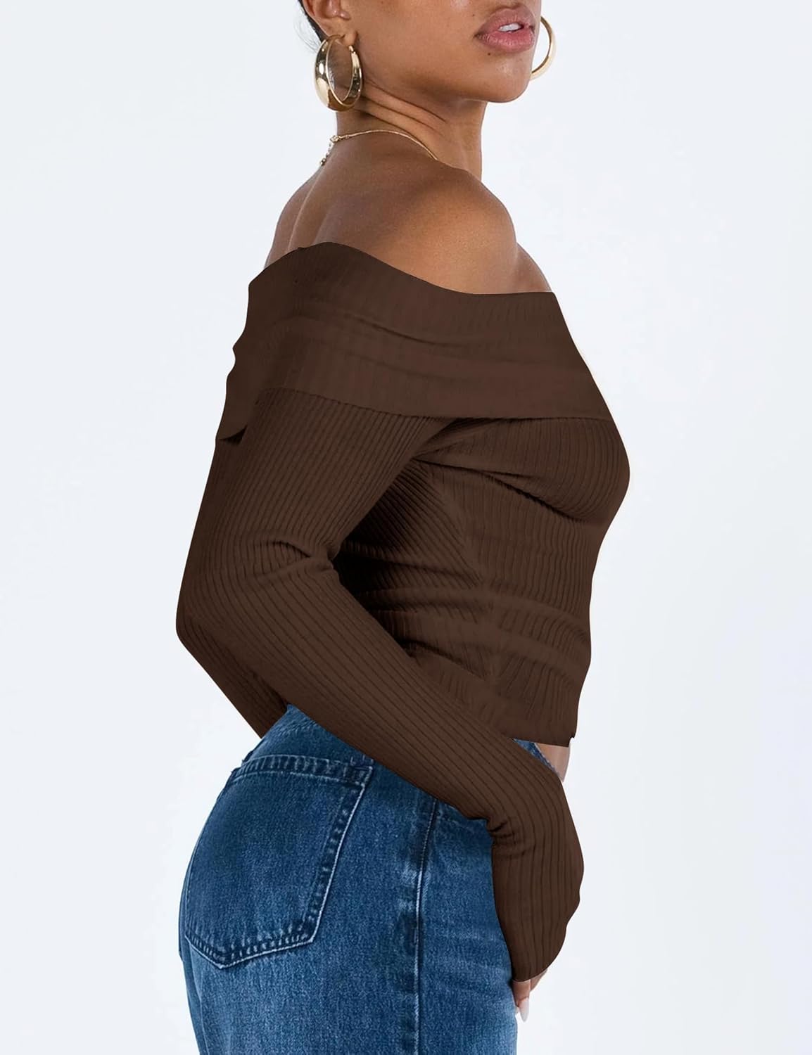 Off The Shoulder Sweater for Women Long Sleeve Pullover Ribbed Knit Going Out Thumbhole Tops 2025 Fall Sexy Outfits - Image 3
