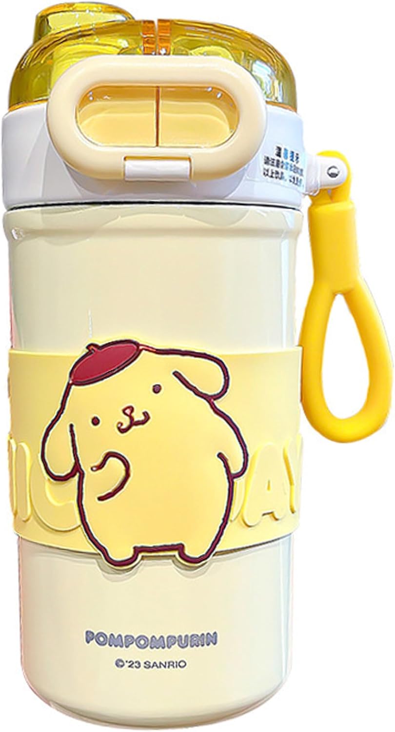 Pom Pom Purin Stainless Steel Insulated Water Bottle with Carrying Loop (Spout & Straw) - 510ml, Yellow