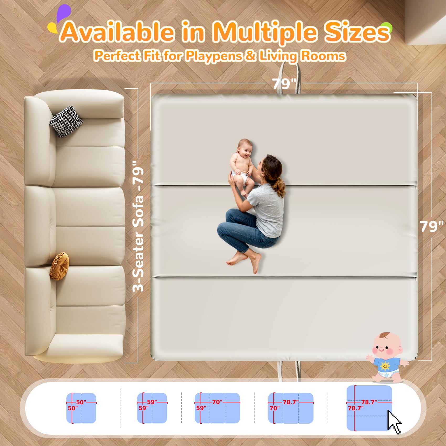 Baby-Spielmatte aus PU-Leder, 3,6 cm dick, faltbar, wasserdicht, 79 × 79 cm, ungiftig, leicht zu reinigen, verdickter Schaumstoff gepolstert, perfekt für Bauchzeit & Krabbeln, Babys und Kleinkinder