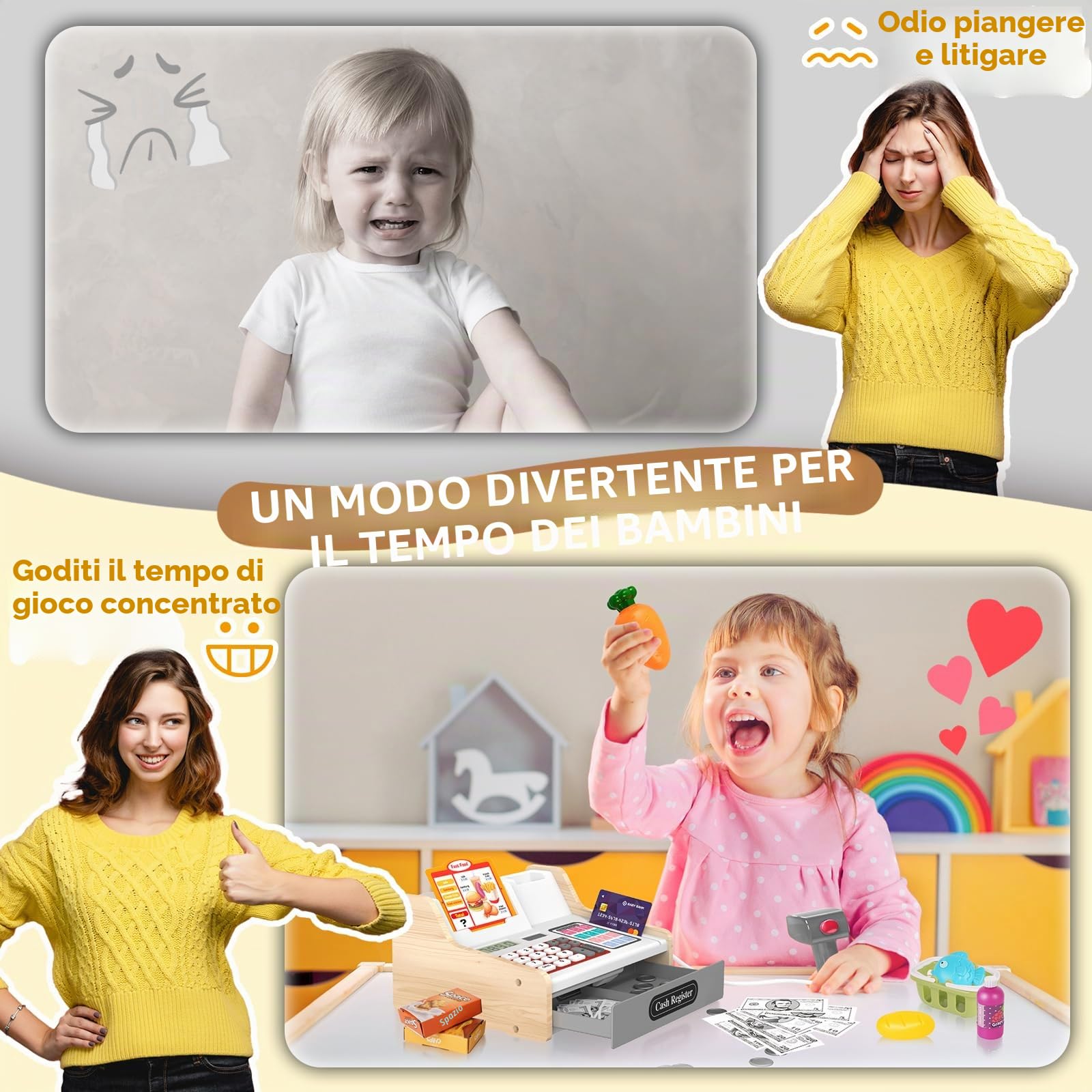 2025 Registratore di Cassa Giocattolo in Legno con Calcolatrice Scanner Giochi per Bambini 3+ Anni, Giocattoli Negozi di Giochi Finti Regali Educativi per Ragazze Ragazzi 3 4 5 6 7Anni, Bianco&Grigio