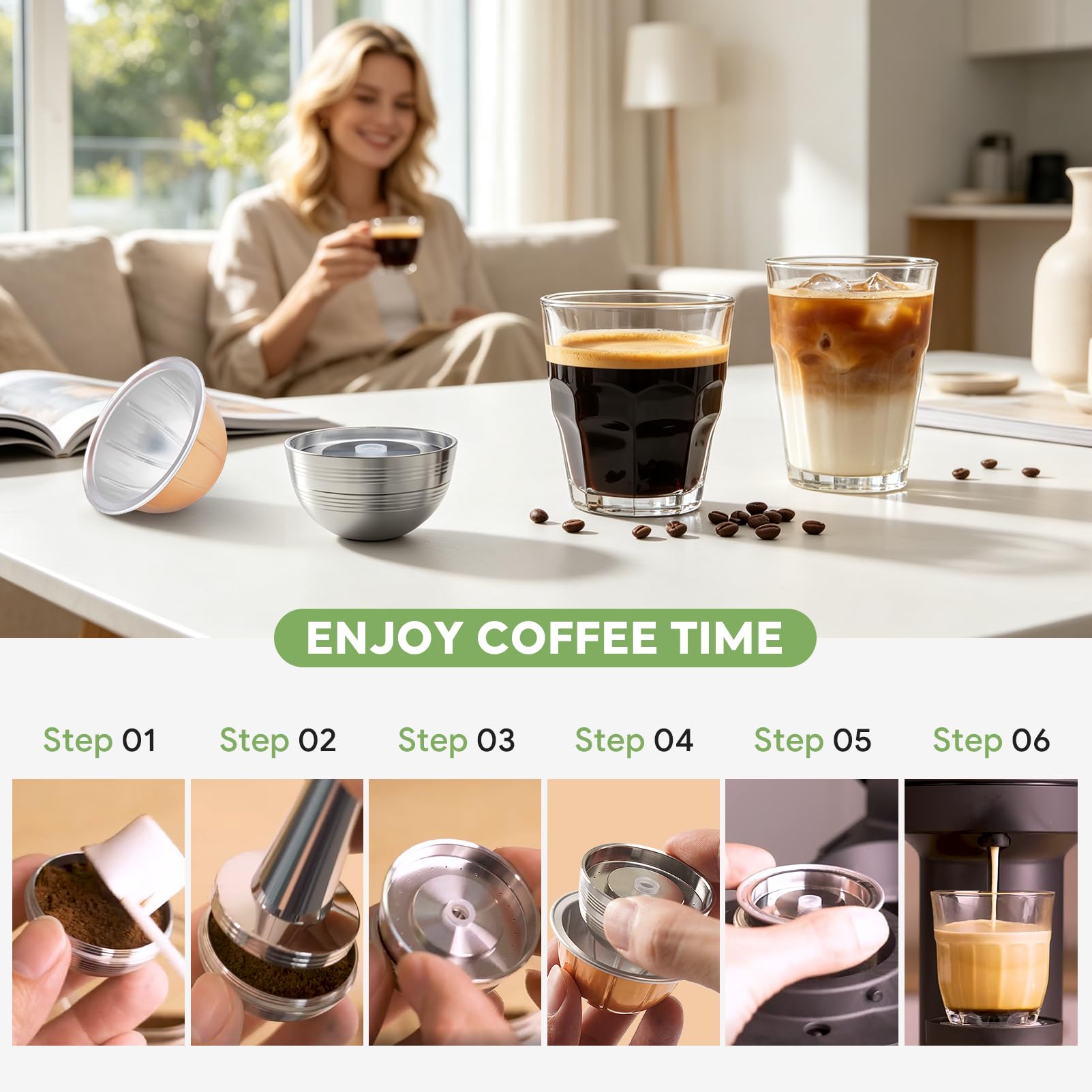 Nespresso Vertuo Pods versión actualizada para cafetera Vertuo Next para hacer café crema de 230 ml, cápsulas reutilizables de acero inoxidable para Vertuo Next, 2 cápsulas 1 manipulador