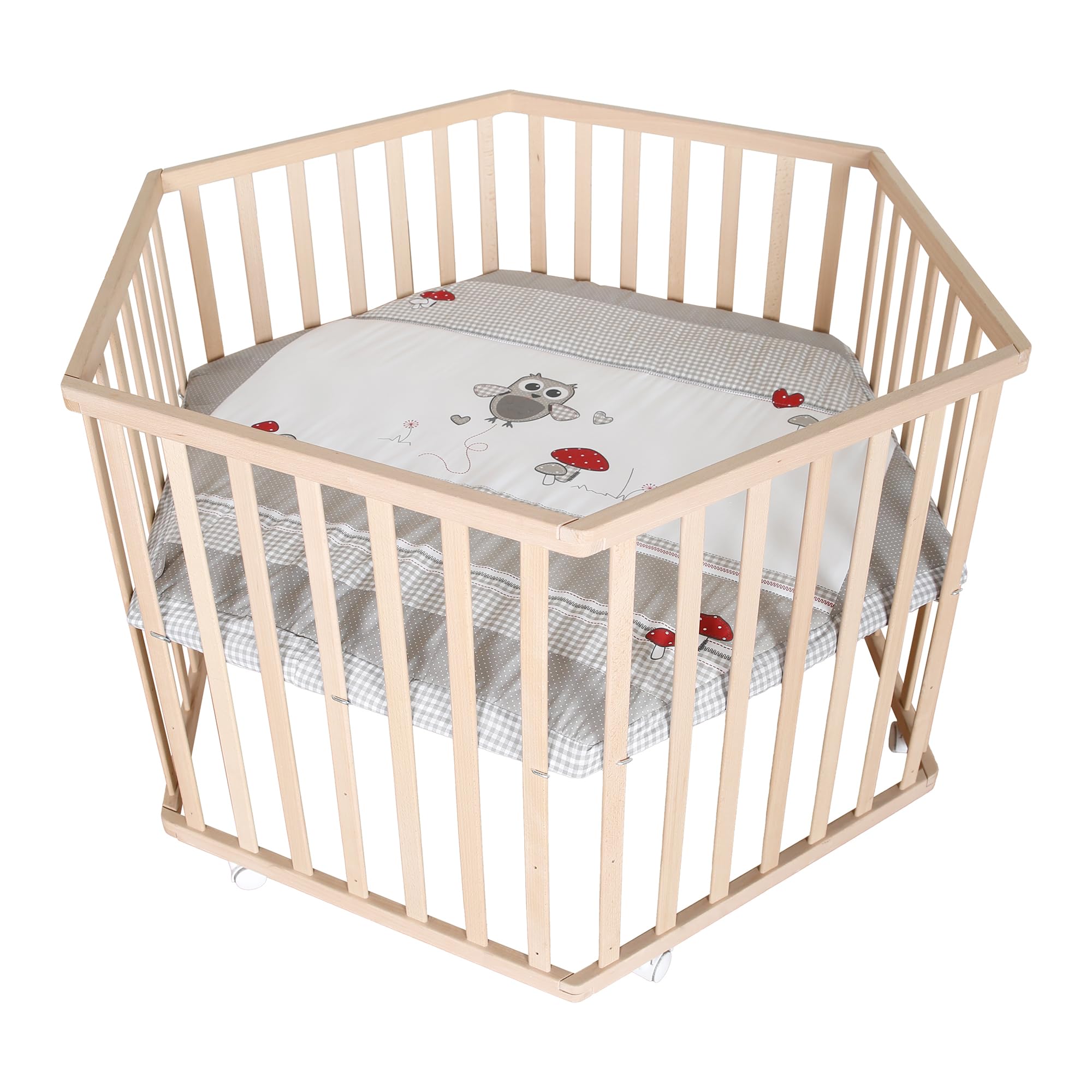 roba parc 'Adam & Hibou' – parc hexagonal/hexagone – parc de jeu sécurisé avec tapis de protection – mobile grâce aux roulettes – bois naturel