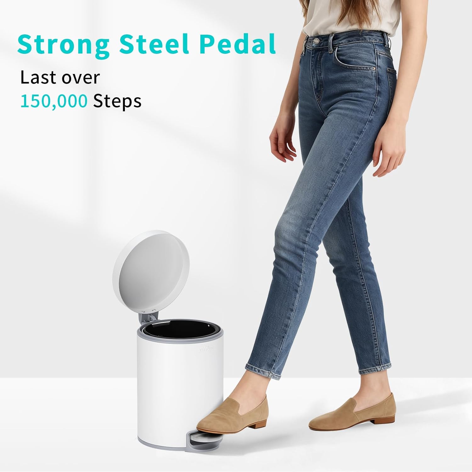 mVm Small Trash Can,1.3 Gallon/5 Lliter Step Bathroom Garbage Can with Lid and Foot Pedal,Soft-Close,Anti-Fingerprint.Round Stainless Steel Trash Can for Bathroom,Office,Living Room (Matte White)