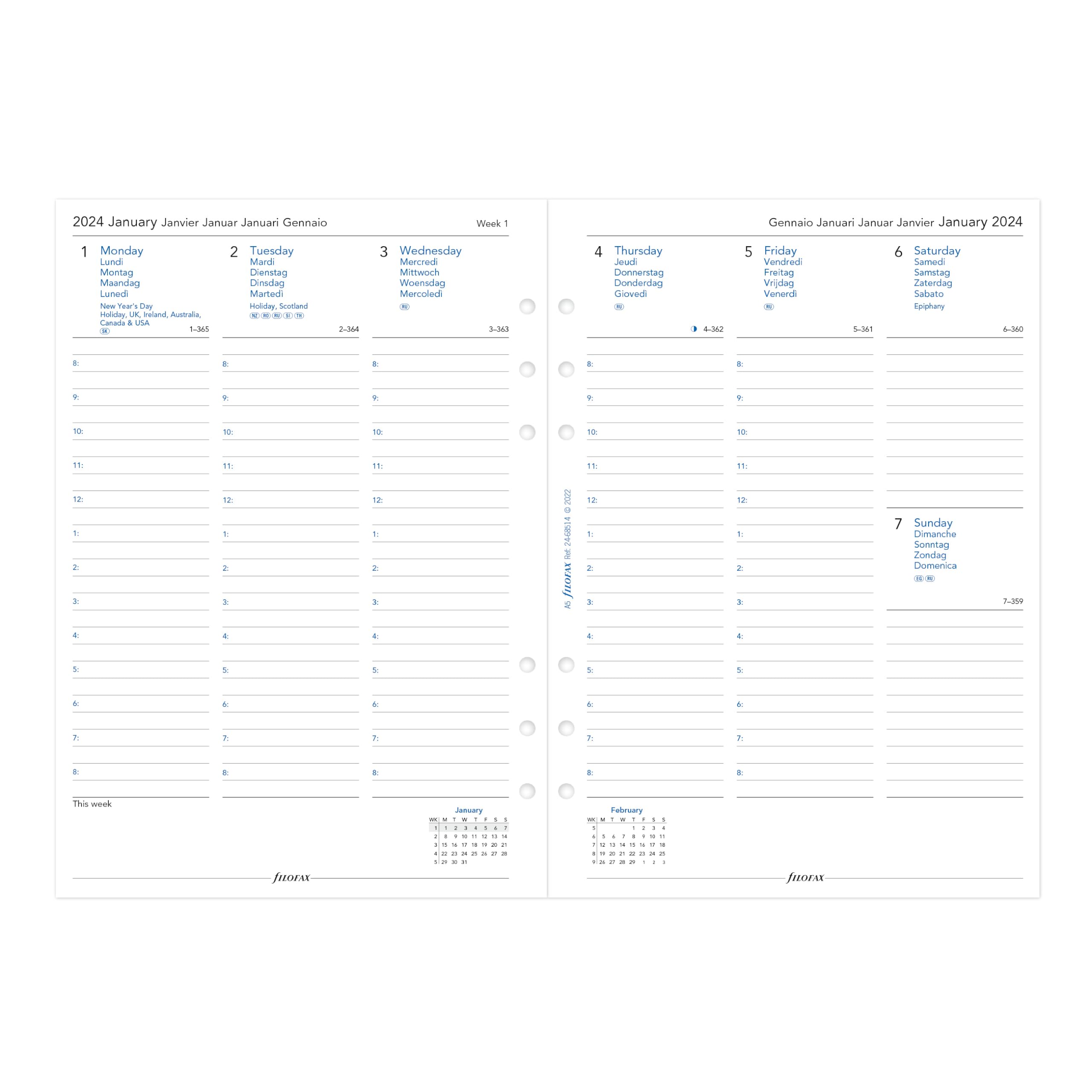 Filofax DOMINO Organizer A5 schwarz Lederoptik mit Kontrastnähten Sechs Ringe Wochenkalender Kalender 2024 - mehrsprachig (C027868-24)