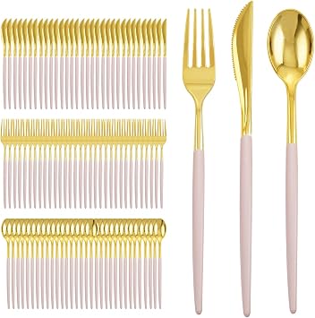 I00000 300Pcs Pink Plastic Silverware, Fancy Gold Cutlery with Pink Handle | Premium Pink Plastic Silverware Set, Gold Disposable Utensils,Include 100 Forks, 100 Knives, 100 Spoons for Wedding & Party