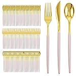 I00000 300 Pack Gold Silverware with Pink Handle, Pink Plastic Utensils Set, Disposable Cutlery include100 Forks, 100 Knives, 100 Spoons,Plastic Cutlery Set for Wedding & Party