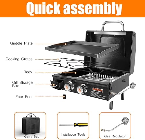 Miniatura 9 de QuliMetal - Parrilla portátil de mesa de 22 pulgadas, 2 quemadores de gas propano con campana, parrilla de campamento de 24,000 BTU con bolsa de
