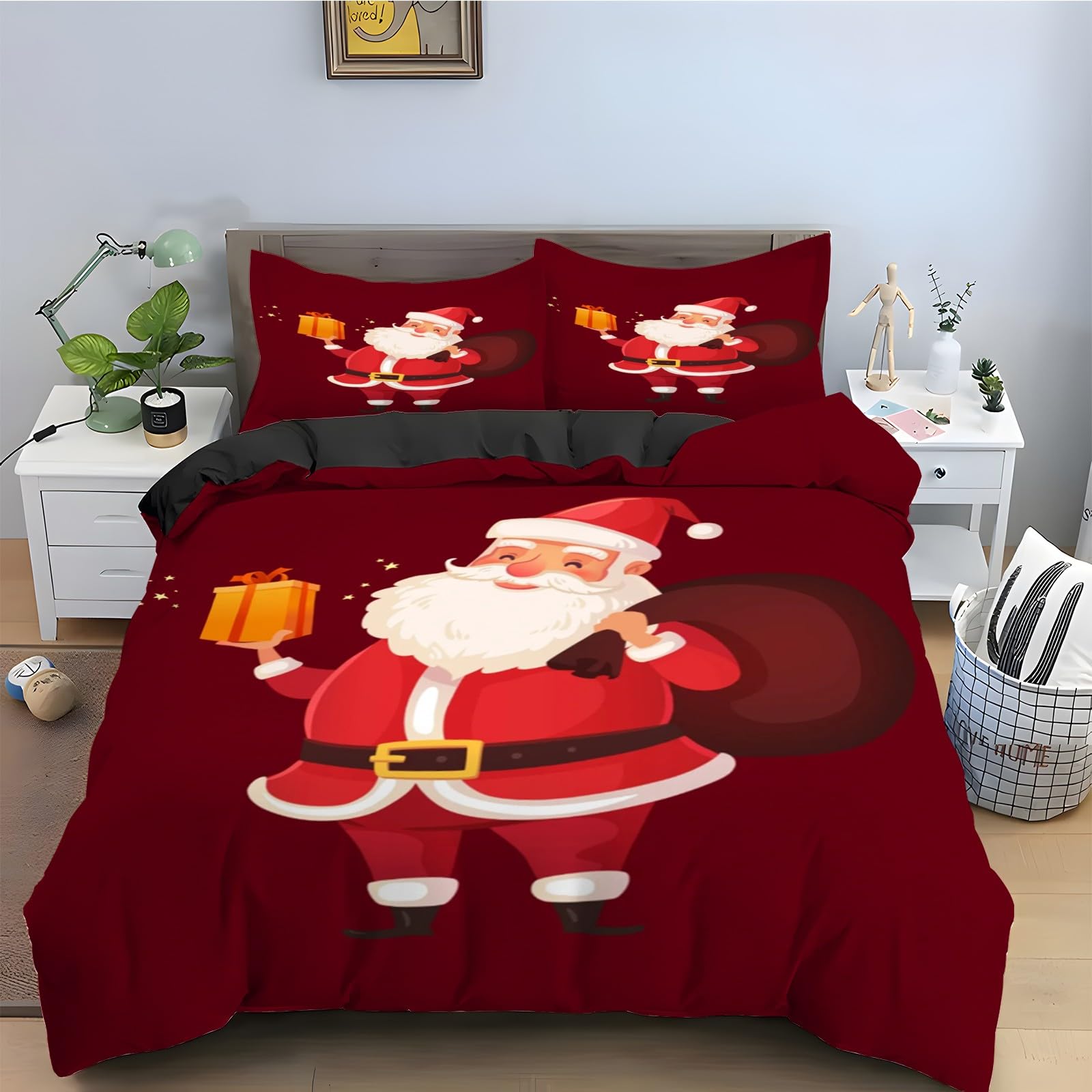 Housse couette 200x200 Père Noël anti-glissement parure de lit zippée en microfibre douce