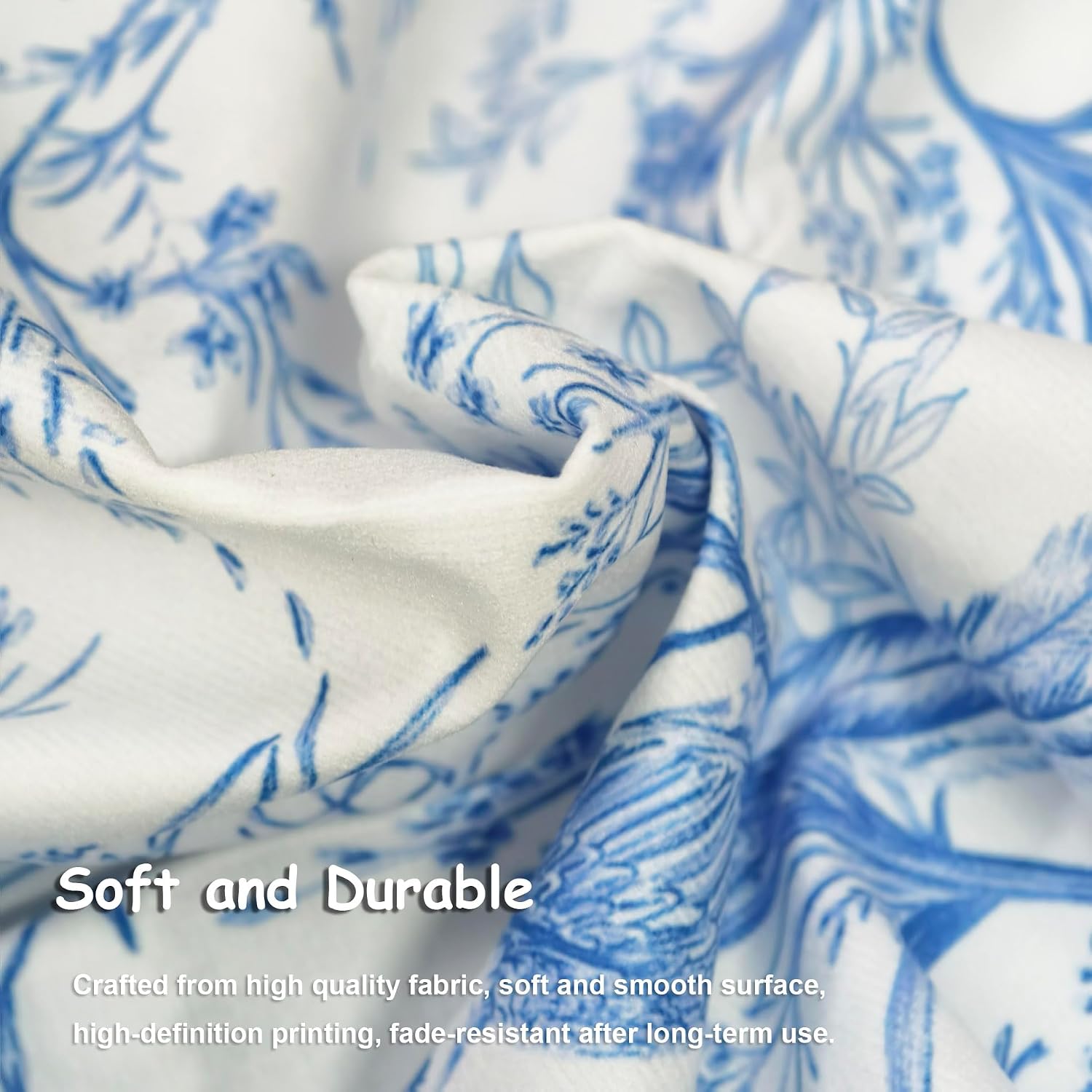 LeLehome Window Valance, 18" L X 54" W Short Curtain Toile Blue Flowers Sketch Long-Tailed Birds Floral Rod Pocket for Kitchen Bathroom Bedroom Home Decor 1 Panel