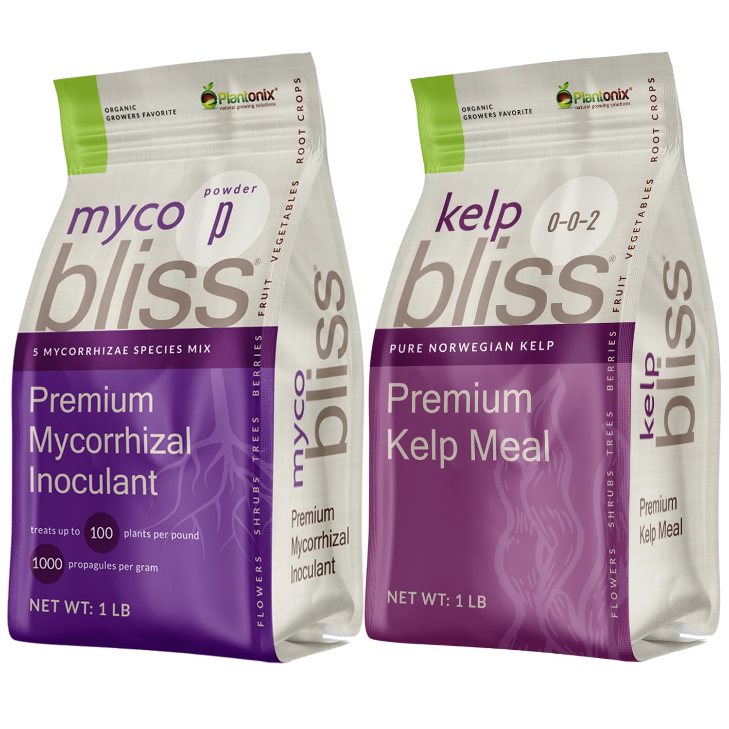 Myco Bliss Powder (1lb) + Kelp Bliss (1lb) - Mycorrhizal Inoculant & Kelp Meal Fertilizer for Plants - Mycorrhizal Rooting Powder with 5 High-Performing Strains - Natural Kelp Fertilizer for Plants