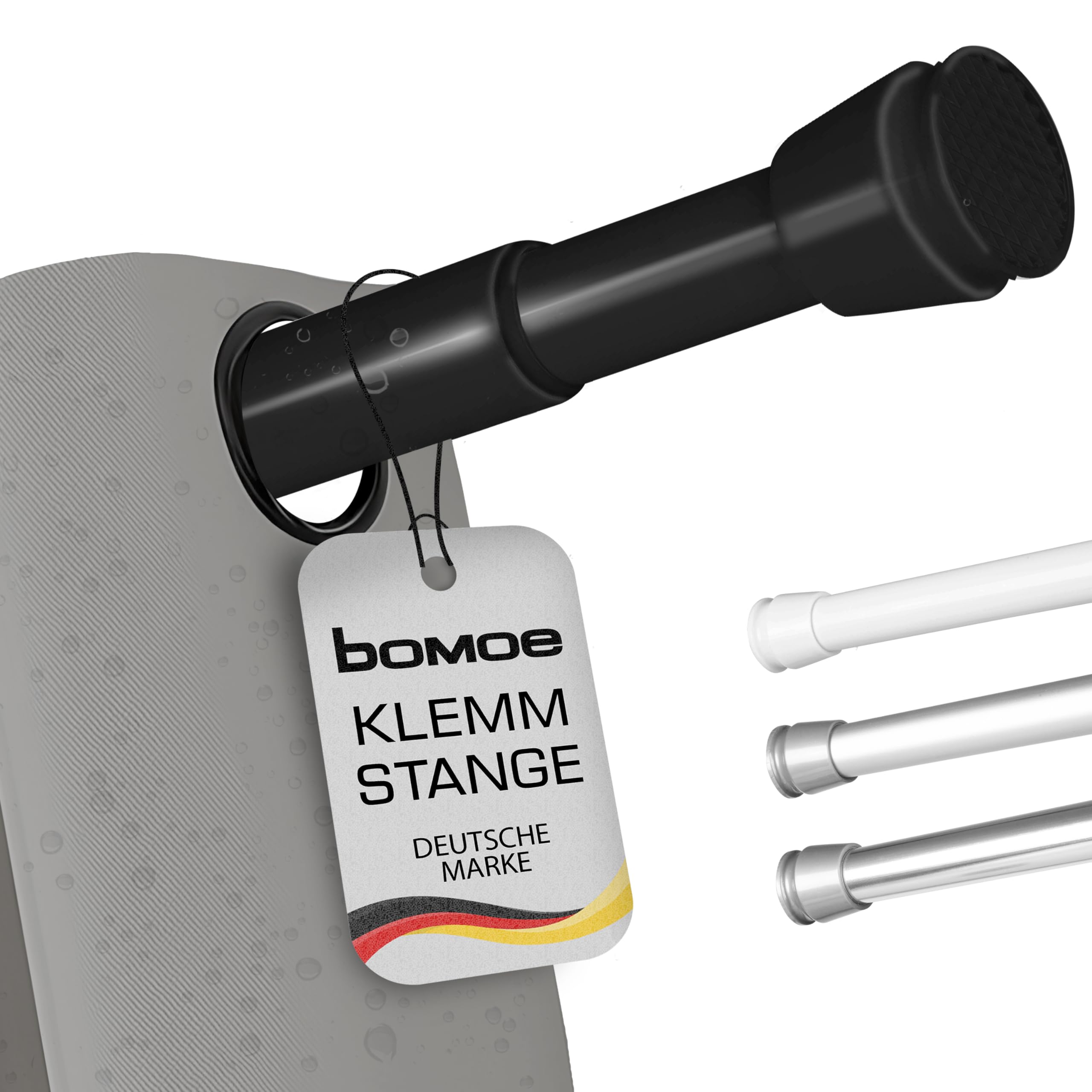 bomoe Gardinenstange Ohne Bohren zum Klemmen 115-200 cm Stufenlos Ausziehbar – Teleskopstange Duschstange ohne Bohren Rutschfest Duschvorhangstange Schwarz Vorhangstange Ohne Bohren – Neptun