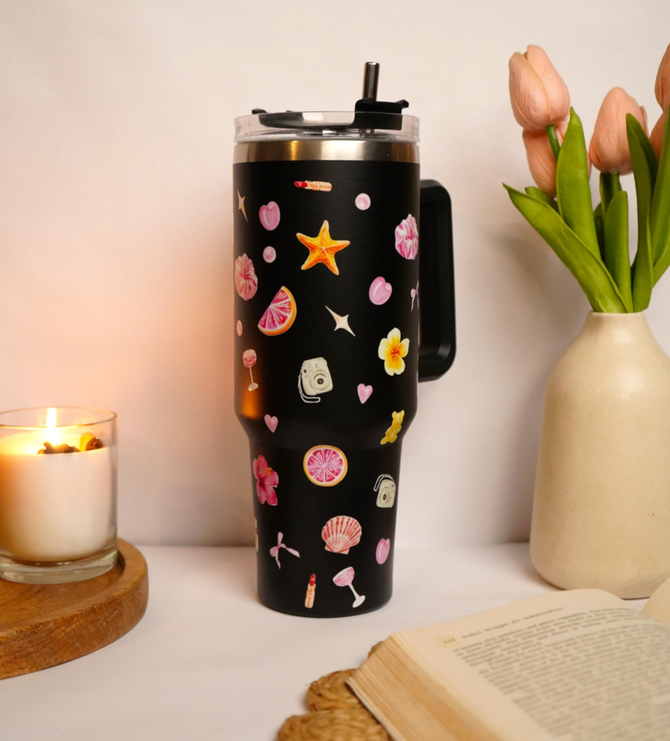 Najarat 1200ML Stainless Steel Tumbler Hot and Cold with Handle and Lid and 2 Straws, Double Insulated Cup Leak Proof Mug Cupholder for Gym, Travelling (Doodles Black)