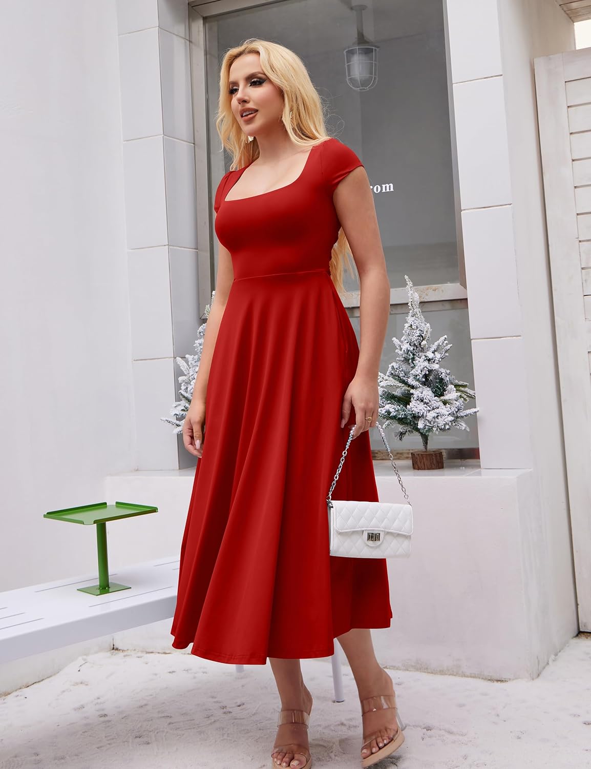 YMDUCH Women's Casual Short Sleeve Square Neck Solid Slim Flowy Maxi Dress with Pockets - Image 3