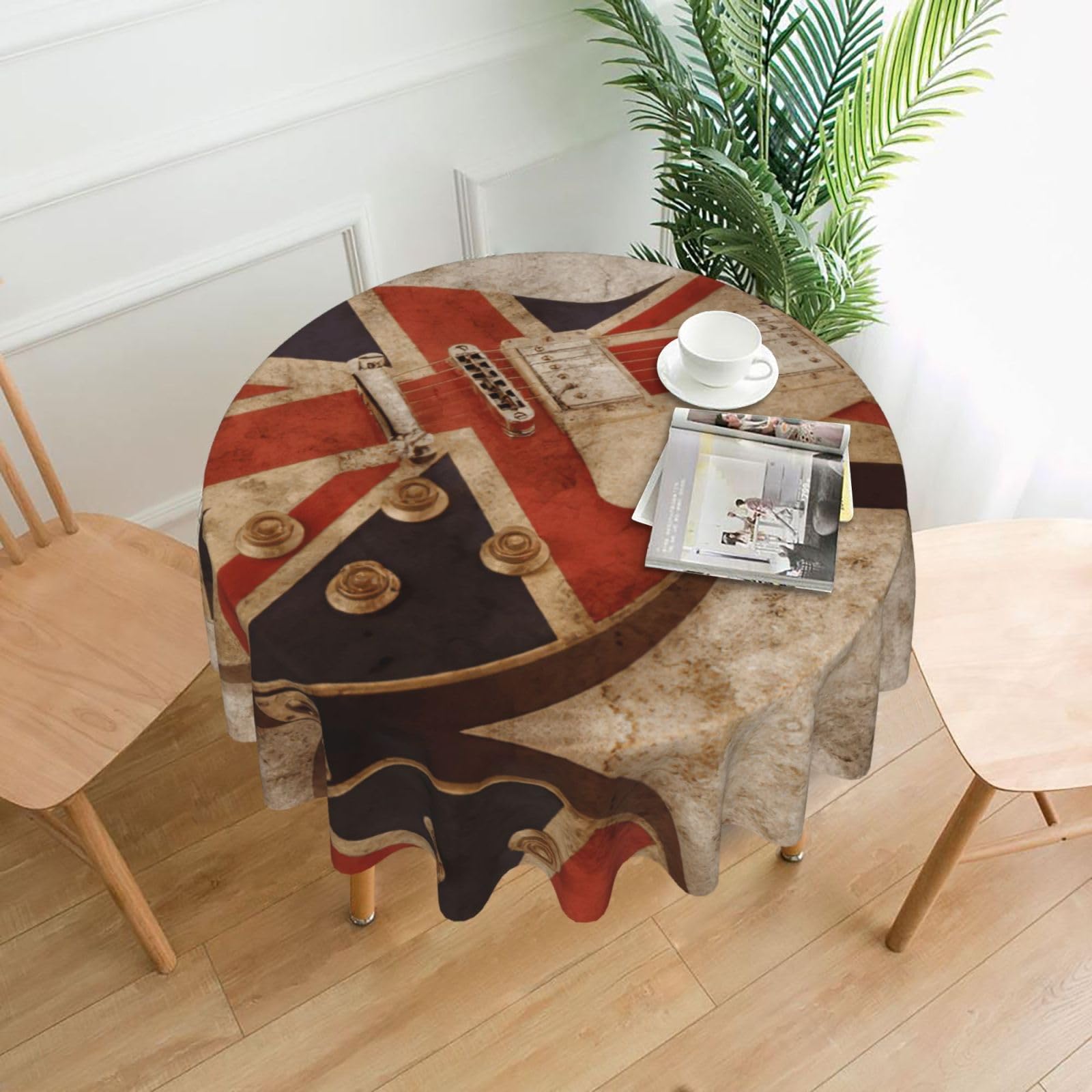 Zcmkjlg Guitar British Flag Print Quick Ship Round Tablecloth 60in Polyester Washable Cover for Dining Room