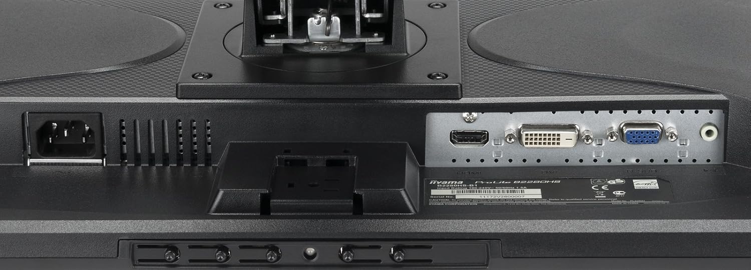 Saka cedhak mburi view of the ProLite B2280HS-1 monitor showing the input ports: HDMI, DVI-D, VGA, and audio jack.