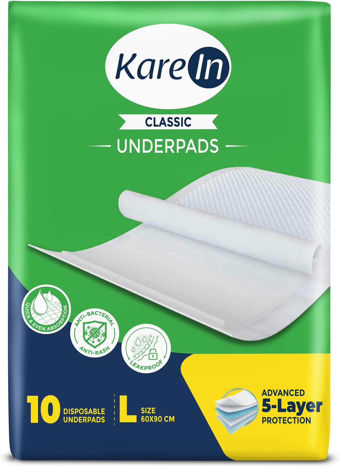 KareIn Classic Underpads For Adults, Large 60 x 90 cm, 10 Unit, Highly Absorbent, Anti-Bacterial, Rash Protection, Leak Proof, Protects Surfaces from Incontinence, Odor Control, Super Soft