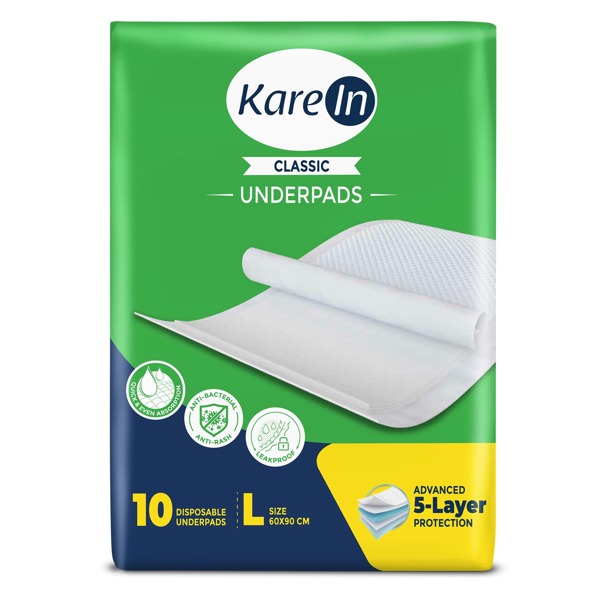 KareIn Classic Underpads, Large, 60 x 90 Cm, 10 Count, Superior Absorbency, Leak Proof, Pack of 1