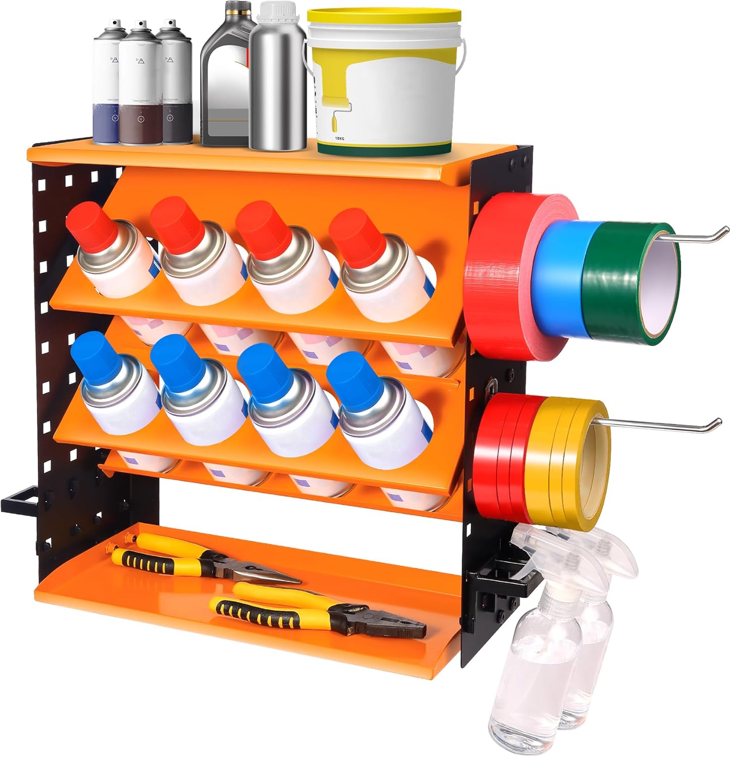 Heavy Duty Metal Spray Can Holder - Wall Mount or Countertop Spray Bottle Lube Can Organizer for Garage & Home & Workshop, Peg Board on Both Sides | 8 Can Holes & 6 Steel Hooks, 5 Plastic Hooks