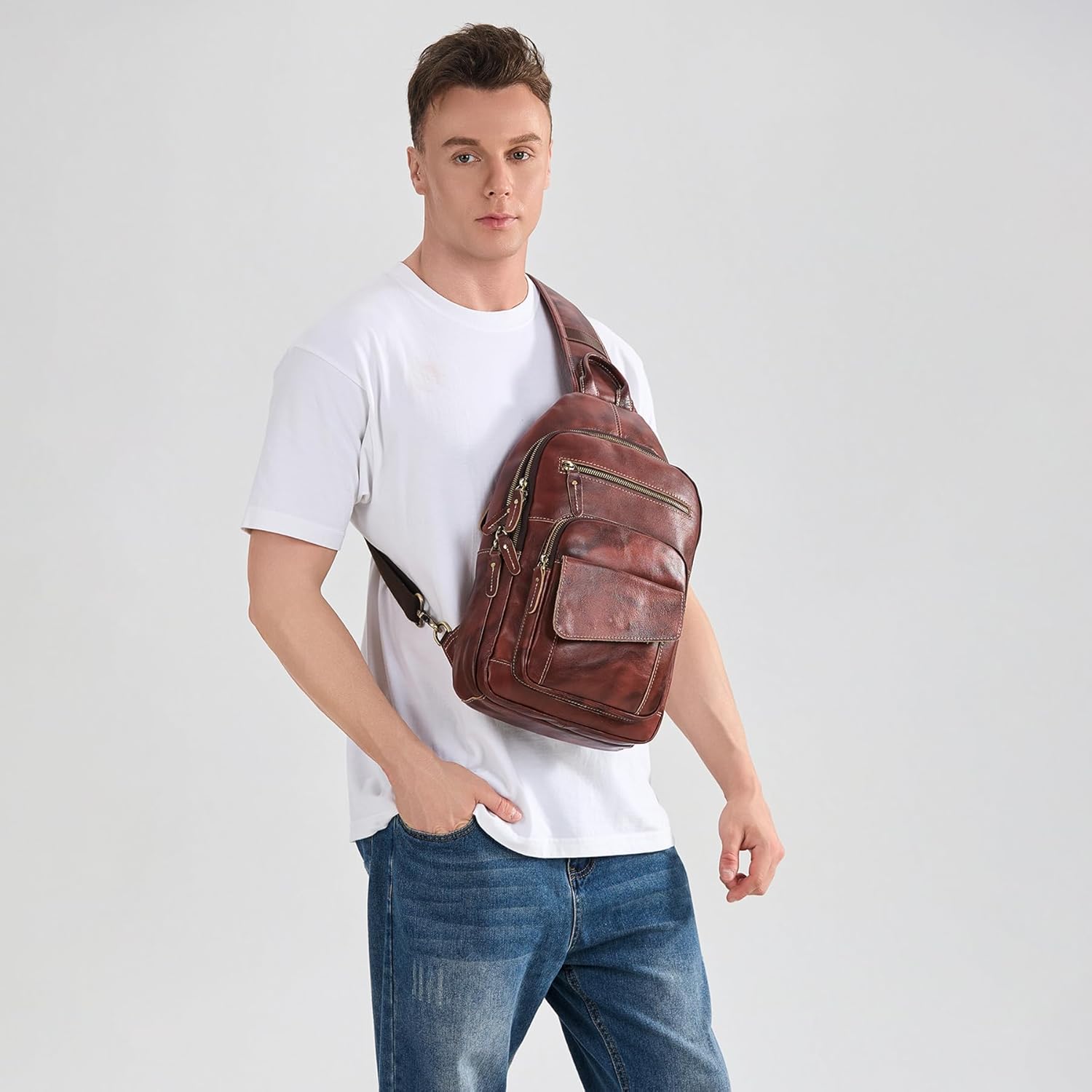 LANNSYNE Full Grain Leather Casual Sling Bag For Men Hiking/Travel/Business Crossbody Chest Bag Fits 12.9" iPad - Image 3