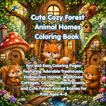 Cute Cozy Forest Animal Homes Coloring Book Fun and Easy Coloring Pages Featuring Adorable Treehouses, Hollow Tree Homes, Mushroom Cottages, Cozy ... for Kids Ages 48 Cozy Animal Homes Series