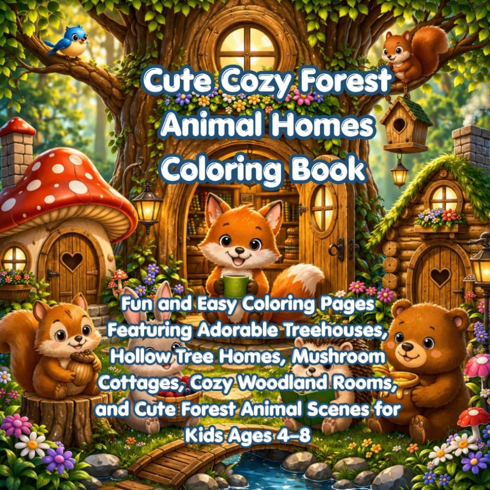 Cute Cozy Forest Animal Homes Coloring Book: Fun and Easy Coloring Pages Featuring Adorable Treehouses, Hollow Tree Homes, Mushroom Cottages, Cozy ... for Kids Ages 4–8 (Cozy Animal Homes Series)