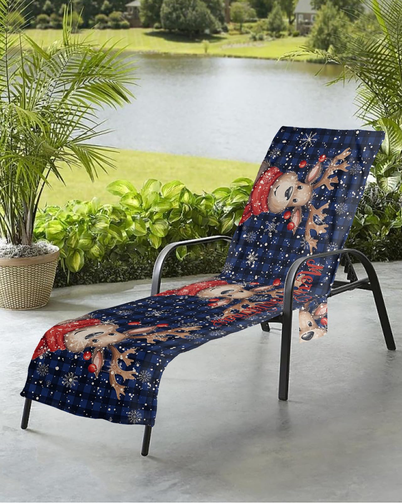 Winter Forest Deer Beach Chair Towel Covers for Chaise Lounge with Side Pocket, Soft Plush Pool Towels Cover for Patio Sunbathing Outdoor 29''x85'' Christmas Snowflake Elk Plaid Blue